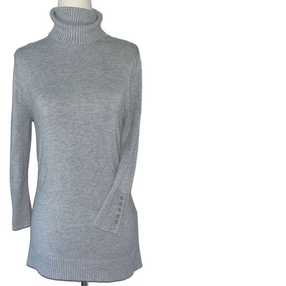 EXPRESS WOMENS 3/4 SLEEVE TURTLENECK SWEATER | GREY | BUTTON SLEEVE | SMALL - Picture 2 of 8